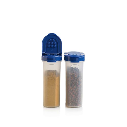 Large Spice Shakers | 250 ML | Lacquer Blue | 2 Pieces - Easy-find, easy-pour dispensers!
 Tupperware® Spice Containers keep your spices and dry herbs fresh, flavorful, and easy to access.
 Set includes two identical 1 cup (250 ML) containers with dual-sided seals.
Our Large Spice Shaker set ensures you never have to worry about stale spices again.
 Double dispensing lids make it easy to spoon or sprinkle your favorite spices right into your bowl, pan, or pot:
One side opens to holes for shaking the contents.
 Opposite side opens for pouring or to insert a measuring spoon.
Handy and handsome, these spice shakers are stylish enough to display on your countertops or table.
 Great for regular salt, pepper, spices, and dry herbs, these spice shakers are also the perfect companion for your DIY spice blends.
 They can also be used as a convenient, compact container for keeping sugar, milk powder, or any seasoning at the office, or when you're away camping or on a picnic.
Specifications: Capacity: 250 ML
 Dimensions: W 4.4 x H 8.9 x L 11.4 cm
 Color: Lacquer Blue (seal)Benefits:Shake or pour:Double-hinged lids make it easy to sprinkle, pour, or spoon your favorite spice. Airtight: Keeps spices fresh for longer and keeps insects at bay, saving you money. True seals snap firmly shut on both shaking and pouring sides.
 Modular: securely stackable on each other and also on Small Spice Shakers
 Know what's inside: Transparent base lets you see what spices you have and when to replace. Say goodbye to chaos: No more open packages that risk spillages in the drawers/cupboard. Be sustainable: Buy refill packets, saving money and reducing packaging waste.Use & Care:Wash before first use. Dishwasher safe Not freezer safe Not safe for use in microwave Can be recycledTips: Not only for spices, Shakers can be used for sprinkling homemade powders and cleaners. Smaller size travels easily in backpacks or diaper bags. Keep a little powdered sugar or cocoa powder handy for using at the table to enhance French toast or desserts. Shakers are designed to fit neatly into our Spice Carousel for easy access and organization.