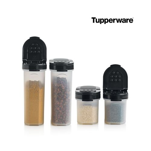 Spice Shakers Set | 100 ML & 250 ML | Jet Black | 4 Pieces - Easy-find, easy-pour dispensers!
 Tupperware® Spice Containers keep your spices and dry herbs fresh, flavorful, and easy to access.
 Set includes two identical 100 ML containers with dual-sided seals and two identical 250 ML containers with dual sided seals.
Our Spice Shaker set ensures you never have to worry about stale spices again.
 Double dispensing lids make it easy to spoon or sprinkle your favorite spices right into your bowl, pan, or pot:
One side opens to holes for shaking the contents.
 Opposite side opens for pouring or to insert a measuring spoon.
Handy and handsome, these spice shakers are stylish enough to display on your countertops or table.
 Great for regular salt, pepper, spices, and dry herbs, these spice shakers are also the perfect companion for your DIY spice blends.
 They can also be used as a convenient, compact container for keeping sugar, milk powder, or any seasoning at the office, or when you're away camping or on a picnic.
Specifications: Capacity: 100 ML - Dimensions: W 4.4 x H 6 x L 11.4 cm Capacity: 250 ML - Dimensions: W 4.4 x H 8.9 x L 11.4 cm Color: Jet Black (seal)Benefits:Shake or pour:Double-hinged lids make it easy to sprinkle, pour, or spoon your favorite spice. Airtight: Keeps spices fresh for longer and keeps insects at bay, saving you money. True seals snap firmly shut on both shaking and pouring sides.
 Modular: securely stackable on each other and also on Large Spice Shakers
 Know what's inside: Transparent base lets you see what spices you have and when to replace. Say goodbye to chaos: No more open packages that risk spillages in the drawers/cupboard. Be sustainable: Buy refill packets, saving money and reducing packaging waste.Use & Care:Wash before first use. Dishwasher safe Not freezer safe Not safe for use in microwave Can be recycledTips: Not only for spices, Shakers can be used for sprinkling homemade powders and cleaners. Smaller size travels easily in backpacks or diaper bags. Keep a little powdered sugar or cocoa powder handy for using at the table to enhance French toast or desserts. Shakers are designed to fit neatly into our Spice Carousel for easy access and organization.