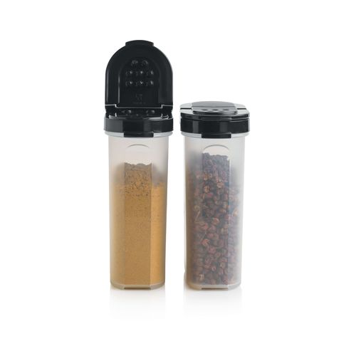 Large Spice Shakers | 250 ML | Jet Black | 2 Pieces - Easy-find, easy-pour dispensers!
 Tupperware® Spice Containers keep your spices and dry herbs fresh, flavorful, and easy to access.
 Set includes two identical 250 ML containers with dual-sided seals.
Our Large Spice Shaker set ensures you never have to worry about stale spices again.
 Double dispensing lids make it easy to spoon or sprinkle your favorite spices right into your bowl, pan, or pot:
One side opens to holes for shaking the contents.
 Opposite side opens for pouring or to insert a measuring spoon.
Handy and handsome, these spice shakers are stylish enough to display on your countertops or table.
 Great for regular salt, pepper, spices, and dry herbs, these spice shakers are also the perfect companion for your DIY spice blends.
 They can also be used as a convenient, compact container for keeping sugar, milk powder, or any seasoning at the office, or when you're away camping or on a picnic.
Specifications: Capacity: 250 ML
 Dimensions: W 4.4 x H 8.9 x L 11.4 cm
 Color: Jet Black (seal)Benefits:Shake or pour:Double-hinged lids make it easy to sprinkle, pour, or spoon your favorite spice. Airtight: Keeps spices fresh for longer and keeps insects at bay, saving you money. True seals snap firmly shut on both shaking and pouring sides.
 Modular: securely stackable on each other and also on Small Spice Shakers
 Know what's inside: Transparent base lets you see what spices you have and when to replace. Say goodbye to chaos: No more open packages that risk spillages in the drawers/cupboard. Be sustainable: Buy refill packets, saving money and reducing packaging waste.Use & Care:Wash before first use. Dishwasher safe Not freezer safe Not safe for use in microwave Can be recycledTips: Not only for spices, Shakers can be used for sprinkling homemade powders and cleaners. Smaller size travels easily in backpacks or diaper bags. Keep a little powdered sugar or cocoa powder handy for using at the table to enhance French toast or desserts. Shakers are designed to fit neatly into our Spice Carousel for easy access and organization.