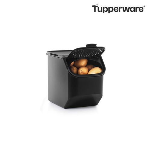 Potato Smart™ Container | 8.3 L - Potatoes love the Potato Smart™ Container!
 Why? The container offers ideal lighting conditions, sufficient ventilation, and optimal humidity - just the way potatoes like it.
 Our Potato Smart™ Container was developed following research on keeping potatoes in the best environment, so they stay fresher for longer in a neat, convenient spot.With its user-friendly design, the container's flip-front access panel has the ideal number of holes for the best level of air circulation. This optimal atmosphere inside the PotatoSmart™ ensures a combination of:proper humidity for minimizing weight loss, helping potatoes remain firm minimized sprouting minimized rotting reduced odors minimized condensation inside minimized production of solanine (poisonous substance in nightshade plants such as potatoes)The container has the capacity to keep up to 5 kg of potatoes dry and fresh for a longer period. The cap and the seal can be fully removed for quick, easy refilling and for thorough cleaning. Stack it neatly and efficiently with additional Potato Smart™ Containers, the Onion & Garlic Smart™ Container, or the Garlic 'N All Keeper without restricting air flow.Specifications: Capacity: 8.3 L
 Dimensions: W 19 x H 23 x L 28.5 cm
 Color: Jet Black Use & Care:
Dishwasher safe Not freezer safe Not safe for use in microwave Approved for food use Can be recycledBenefits:Saves you money: Design provides optimum storage conditions for sufficient air circulation, light, and humidity, resulting in longer shelf life* and less waste. Convenient capacity: holds up to 5 kg of potatoes; varies according to potato size Easy open: Access flap has a large tab to lift it. Wide opening makes it easy to reach the potatoes in the container. Opaque UV shielding base: reduces sprouting Neat and tidy: No more ugly, floppy potato bags lying around. Simply place your potatoes inside the container and store on the countertop or inside your pantry. Versatile: for all types of potatoes including sweet potatoes*Performance will vary depending on the freshness and type of potatoes.Tips:
The preservation time of your potatoes in the Potato Smart™ Container is determined by ambient temperature and air humidity.  Potatoes are best kept between 7°C and 10°C. At lower temperatures, potato starch converts into sugar. At higher temperatures, potatoes becomes dehydrated.  Avoid storing under the sink which is often a warm environment close to the dishwasher. Store in a cool place, away from direct sunlight, for best results. The Potato Smart™ Container can also be used in cellars that are not too damp. Periodically wash the Container to maintain good performance, especially if any liquid has dripped or spilled into it.Assembly:Before fitting the seal onto the container, attach the access flap to the seal by pressing the knobs through the six small holes. To seal, align the seal frame with the container. With the cap open, first press the seal onto the front of the container. Then slide your thumbs along the rim of the seal and press into place from front to back. To close the access flap, press firmly and simultaneously on the two indents at both corners of the flap with your thumbs while holding the container with the other fingers of both hands. When you hear a click, the flap is closed. The tab of the flap is slightly larger to make it very easy to lift to open. As you push the flap up, it will fix in the open position and stay open as needed.