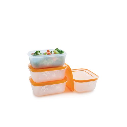 450 ML Small Low | Set of 4 | Freezer Mates® - Our No. 1 freezing containers will save you time and energy. Thanks to their design, they freeze faster and their material enables easy unmolding when frozen. Their shape makes them nestable when empty and they take up very little space when stored in the pantry. To top it off, they feature unique stain control technology!Exclusive to Tupperware, our specially designed freezer storage containers feature a square/round shape to help you save space in your freezer, and a more flexible material to unmold frozen items with ease. All our plastic freezer containers feature our innovative stain guard to help prevent staining from soups, stews, sauces and so much more. You'll marvel at how neatly the modular stain guard containers stack to help keep your freezer shelves organized and clutter-free. When not in use, nest the freezer storage containers to save room in your storage drawers. With so many different sizes to choose from, you'll always find the perfect container to meet your freezer storage needs! The Small Low container is perfect for (but not limited to):Freezing individual portions of your favorite meals! Prepare your dishes in advance and portion them out into the containers, then defrost only the portions you need! Freezing the right amount of fruit for your morning smoothie. Small amounts of leftovers. Vegetable scraps to use later for homemade stock or broth.Design features:Save space in your freezer thanks to the stacking features on the feet and inside rim on the top of the seal. Neatly organize your freezer thanks to the modularity of the containers! Cool etched snowflake design not only lets you know it’s safe to put in the freezer, but it also makes it easier to grip when wet with condensation. Seal protects the contents from the dry air and prevents spillage and odors from other foods seeping in, so your food stays as fresh as possible. Food freezes quickly because the curve at the bottom of the container allows the cool air to circulate more evenly. Unmold your frozen items with ease thanks to the flexible material, rounded corners and glossy interior. Maximum fill line inside the container ensures your food has enough space to expand during the freezing process. Color Control coating helps to prevent staining from ingredients such as tomato sauce, carrots, turmeric, etc. Freezer containers nest together to save space in your cupboard or drawer when not in use.Specifications: Dimensions: W 11.4 x H 6.2 x L 15.2 cm
 Volume: 450 ML
 Temperature: -25°C
Use & Care:When dishwashing, make sure to place the seal on the top rack and the base should be placed loosely in the dishwasher with no pointed or sharp items pushing against them. This will prevent deformation. Rinse out thoroughly before placing in the dishwasher. Residue from color-rich foods like tomato sauce can stain the outside of the container as the Color Control is only on the inside of the base. To optimize storage space in your cupboards, nest the containers by placing taller containers into flatter containers. For bases of the same height, place the small containers into the wider containers.Tips & Life Hacks: Why FreezeKeep food fresh longer. Freezing slows down the chemical and microbiological processes that cause foods to spoil and lose nutrients.​ Save money. Buying in bulk is cheaper than buying in smaller quantities. But storing those extra portions can leave your freezer crowded and messy. Freezer Mates® are perfect for storing extra fish, fruits and vegetables with ease.​ Save time during your busy work week with batch cooking. Cooking large quantities of stews and other meals over the weekend saves time during the week. If you don't like eating the same meal several days in a row, freeze and store your food for later.How to store frozen food:Only freeze clean, fresh food.​ When freezing cooked food, allow to fully cool before placing into the freezer.​ Fill containers to max fill line to allow space for expansion during the freezing process.​ For larger quantities, portion food into separate containers beforehand. This will speed up the freezing time and when it's time to eat, you will have the exact amount you want to use.​ Locate the freezer’s coldest zone/drawer (read the appliance leaflet) and place the specific food in that zone for faster freezing. The secret behind excellent results with vegetables is to blanch them in boiling water for 1 to 2 minutes. After boiling, cool the vegetables quickly in ice water before freezing. This process blocks enzymes that can deteriorate vegetables and will kill most of the microorganisms that can be present.​ Always label food containers so you can easily identify what's in your freezer.​How to thaw food after freezing:Thaw food in the fridge overnight or in the microwave on low power/wattage. Always transfer food to a microwave-safe container. ​ Do not thaw at room temperature; this can promote growth of harmful microorganisms.​ Never re-freeze thawed food.​ Once food is thawed, be sure to eat it within the recommended timeframe.