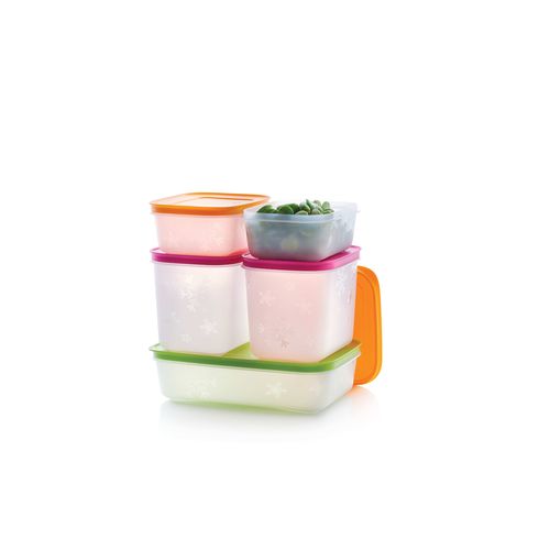 Starter Pack | Set of 5 | Freezer Mates® - Our No. 1 freezing containers will save you time and energy. Thanks to their design, they freeze faster and their material enables easy unmolding when frozen. Their shape makes them nestable when empty and they take up very little space when stored in the pantry. To top it off, they feature unique stain control technology!Exclusive to Tupperware, our specially designed freezer storage containers feature a square/round shape to help you save space in your freezer, and a more flexible material to unmold frozen items with ease. All our plastic freezer containers feature our innovative stain guard to help prevent staining from soups, stews, sauces and so much more. You'll marvel at how neatly the modular stain guard containers stack to help keep your freezer shelves organized and clutter-free. When not in use, nest the freezer storage containers to save room in your storage drawers. With so many different sizes to choose from, you'll always find the perfect container to meet your freezer storage needs!  Design features:Save space in your freezer thanks to the stacking features on the feet and inside rim on the top of the seal. Neatly organize your freezer thanks to the modularity of the containers! Cool etched snowflake design not only lets you know it’s safe to put in the freezer, but it also makes it easier to grip when wet with condensation. Seal protects the contents from the dry air and prevents spillage and odors from other foods seeping in, so your food stays as fresh as possible. Food freezes quickly because the curve at the bottom of the container allows the cool air to circulate more evenly. Unmold your frozen items with ease thanks to the flexible material, rounded corners and glossy interior. Maximum fill line inside the container ensures your food has enough space to expand during the freezing process. Color Control coating helps to prevent staining from ingredients such as tomato sauce, carrots, turmeric, etc. Freezer containers nest together to save space in your cupboard or drawer when not in use.Specifications: Volume: 450 ML  |  Dimensions: W 11.4 x H 6.2 x L 15.2 cm (2 Pieces) Volume: 1.1 L  |  Dimensions: W 11.4 x H 11.8 x L 15.2 cm  (2 Pieces) Volume: 1 L  |  Dimensions: W 15.7 x H 6.2 x L 22.6 cm  (1 Piece) Temperature: -25°C
Use & Care:When dishwashing, make sure to place the seal on the top rack and the base should be placed loosely in the dishwasher with no pointed or sharp items pushing against them. This will prevent deformation. Rinse out thoroughly before placing in the dishwasher. Residue from color-rich foods like tomato sauce can stain the outside of the container as the Color Control is only on the inside of the base. To optimize storage space in your cupboards, nest the containers by placing taller containers into flatter containers. For bases of the same height, place the small containers into the wider containers.Tips & Life Hacks: Why FreezeKeep food fresh longer. Freezing slows down the chemical and microbiological processes that cause foods to spoil and lose nutrients.​ Save money. Buying in bulk is cheaper than buying in smaller quantities. But storing those extra portions can leave your freezer crowded and messy. Freezer Mates® are perfect for storing extra fish, fruits and vegetables with ease.​ Save time during your busy work week with batch cooking. Cooking large quantities of stews and other meals over the weekend saves time during the week. If you don't like eating the same meal several days in a row, freeze and store your food for later.How to store frozen food:Only freeze clean, fresh food.​ When freezing cooked food, allow to fully cool before placing into the freezer.​ Fill containers to max fill line to allow space for expansion during the freezing process.​ For larger quantities, portion food into separate containers beforehand. This will speed up the freezing time and when it's time to eat, you will have the exact amount you want to use.​ Locate the freezer’s coldest zone/drawer (read the appliance leaflet) and place the specific food in that zone for faster freezing. The secret behind excellent results with vegetables is to blanch them in boiling water for 1 to 2 minutes. After boiling, cool the vegetables quickly in ice water before freezing. This process blocks enzymes that can deteriorate vegetables and will kill most of the microorganisms that can be present.​ Always label food containers so you can easily identify what's in your freezer.​How to thaw food after freezing:Thaw food in the fridge overnight or in the microwave on low power/wattage. Always transfer food to a microwave-safe container. ​ Do not thaw at room temperature; this can promote growth of harmful microorganisms.​ Never re-freeze thawed food.​ Once food is thawed, be sure to eat it within the recommended timeframe.