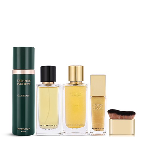 Cannoli Set - 4 Products - Our Cannoli Set has everything you need to elevate your beauty routine. It includes a 100ml perfume, a 100ml All Over Body Spray, a 100ml shimmering body oil, a Body Glow and the cutest brush.