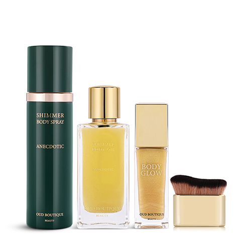 Anecdotic Set - 3 Products - Our Anecdotic Set has everything you need to elevate your beauty routine. It includes a 100ml All Over Body Spray, a 100ml shimmering body oil, a Body Glow and the cutest brush.