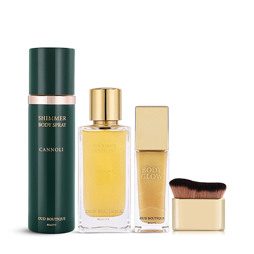 Cannoli Set - 3 Products - Our Cannoli Set has everything you need to elevate your beauty routine. It includes a 100ml All Over Body Spray, a 100ml Shimmering Body Oil , a Body Glow and the cutest brush.