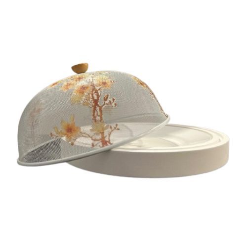 Food Cover With Board For Serving  L209 - The product consists of 3 pieces, a wooden base, a plate, and food cover    Diameter: 37 cm
Height: 17 cm