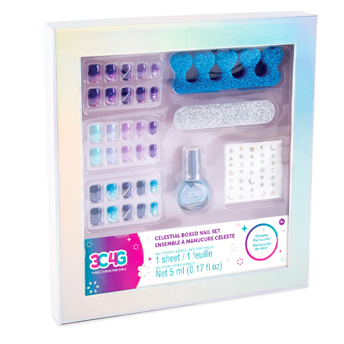 Nail Set-10040 - Celestial Boxed Nail Set Set Includes: - 3 sets of 10 press-on nails - 1 nail polish - 1 nail file - 1 toe separator - 1 sheet of nail stickers