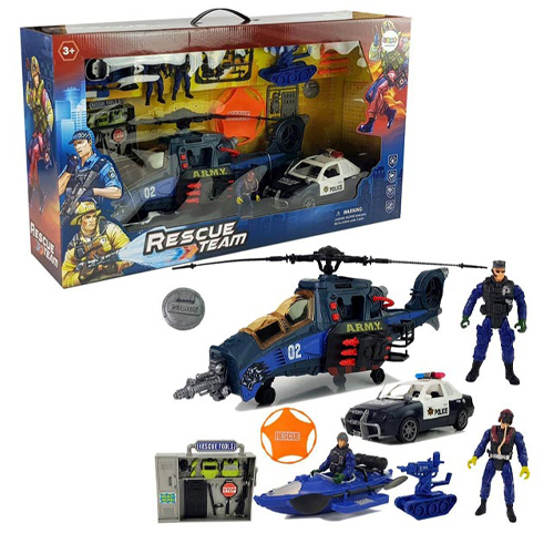 612-12/Rescue Team Set - helicopter: 60 cm x 15 cm x 22 cm - police car: 25 cm x 10 cm x 11 cm - policeman: 10 cm high - boat/ canoe 20 cm x 10 cm x 5 cm Age : +3 years