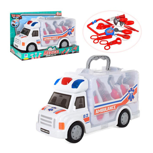 Ambulance Truck-VS0678 - Medical storage push and playWith lights and soundsincludes a medical set consisting of 9 medical instruments, a battery-operated stethoscope, 2 scissors...Age : +3 years