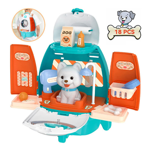 8082/008-967/Pet Care Shop - 8 Piece Pet Grooming Role Play Dog Backpack Dog  Our pet vet set includes a dog, comb, food bowl, dog food, leash, sticker, hair dryer, gel shower, etc.  Vet Kit can keep your little boy or girl busy for hours at a time, daily care, sick care, feeding, bathing, etc.  Age : +3 years 35×33×37(cm)