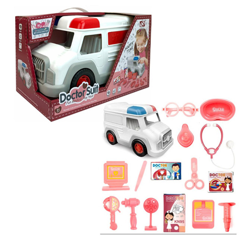 Monkiz - 8823a-2/Ambulance Doctor Suit - The set includes 16 items, including a car, scissors, holders, syringe, tweezers, glasses, stethoscope.  Car size: 54x45x24 cm.  Age : +3 years