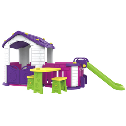 CHD-808P/PLAYHOUSE - Easy assembly and good durability - Made of high quality safe plastic with UV protection -  It has a play space that can be expanded to the desired direction - You can install where you want it, It has a slide Detachable - Contains a desk and two chairs \ - Size / Weight: 2690 x 1600 x 1190 (mm) / 26.4 kg