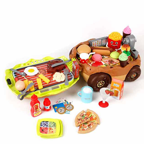 XJ375/Burger Car - Burger Car 72 Pcs Food Toys,  Burger Car with Light & Music, Roast Water Fried Sound Effect For children above +3 years