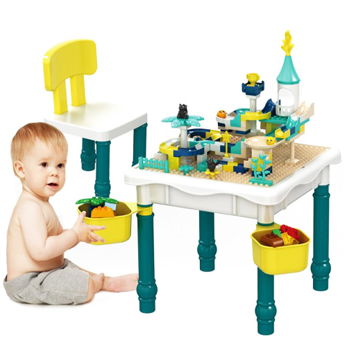 Building Blocks Table-6309 - 6 In 1 Building blocks , dinner table , learning table , storage table , water stage , playing sand table Table Size : 47*47*42.5cm Chair Size: 26*25*44cm Table Height : 23cm Free assembly 121 pcs Age : +3 years