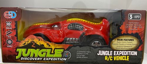 Jungle alligator Exp.-VS0605 - The off-road toy vehicle has shock absorption. Use the radio to control the alligator in all directions - forward, backward, left and right. The truck's design features a wild-faced red alligator with a yellow stripe print.