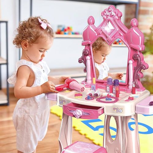 DRESSING TABLE- 661-542 - PRETEND PLAY GIRLS MAKE UP TABLE SET WITH STOOL KIDS VANITY SET WITH LIGHTS AND MUSIC. TODDLER BEAUTY SALON SET WITH MAKE UP ACCESORIES & HAIR DYER TOY. FOR 2-5 YERAS OLD