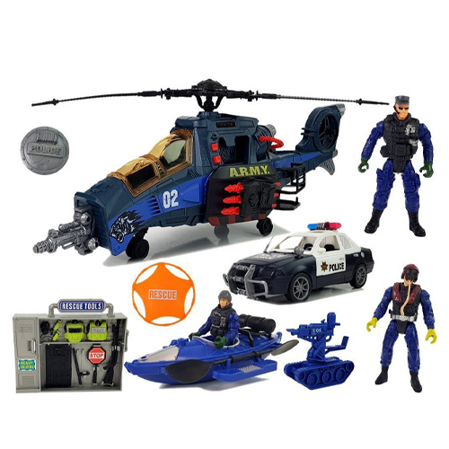 Monkiz - 612-12/Rescue Team Set - helicopter: 60 cm x 15 cm x 22 cm - police car: 25 cm x 10 cm x 11 cm - policeman: 10 cm high - boat/ canoe 20 cm x 10 cm x 5 cm Age : +3 years