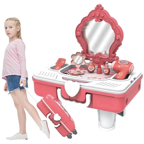 2 IN 1 FASHION SET-VS2300 - Kids Portable Vanity Dressing Table Set with Mirror, Pink Beauty Station, Pretend Play Makeup Kit with Trolley Case For 3+ ages