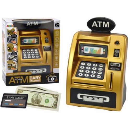 ATM MACHINE-VS2217 - A piggy bank is a nice way to help children save some money for small expenses. The ATM is solidly made entirely of plastic with attention to detail in beautiful gold and black colors. It has sound and light functions. The set includes a plastic credit card. Coins are inserted through the slot next to the buttons, while banknotes are inserted immediately after being inserted into the money slot. The ATM has a fingerprint function. To open it, insert the ATM card into the slot, enter the code: 0000 (or your own code after changing it) and place your finger on the fingerprint reader. If the code entered is correct, we will hear a cheerful melody and the drawer will open (we will hear the sound of a fanfare and we will be able to withdraw the deposit). If the drawer is left open, the alarm will sound longer. Changing the code: open the ATM drawer, press the asterisk button, select the four-digit code, press the hash button, release the asterisk button, then the hash button and Done! The ATM has various sound and music effects that will surely make you happy while saving. Default PIN: 0000 ATM piggy bank features: - money deposit - fingerprint reader - own PIN Set contains: - ATM - card - two banknotes - manual in English Dimensions: - ATM: 24 cm x 15 cm x 8.5 cm - card: 5.7cm x 3.8cm x 0.2mm Power supply: 3 x 1.5V AA (not included). By giving your child a piggy bank, you can strengthen and develop their financial sense and abilities from an early age while they grow up. The original and aesthetically packaged toy will be perfect as a gift.