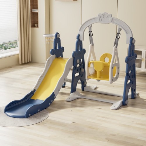 KIDS SLIDES AND SWING SET/UN-CB02 - 3-in-1 Kids Slide & Swing Set Featuring a secure swing, thrilling slide, and attached basketball hoop, this all-in-one playset offers endless fun and active play for your little ones.
