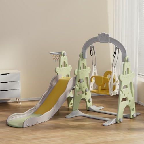 KIDS SLIDES AND SWING SET/UN-CB02 - 3-in-1 Kids Slide & Swing Set Featuring a secure swing, thrilling slide, and attached basketball hoop, this all-in-one playset offers endless fun and active play for your little ones.