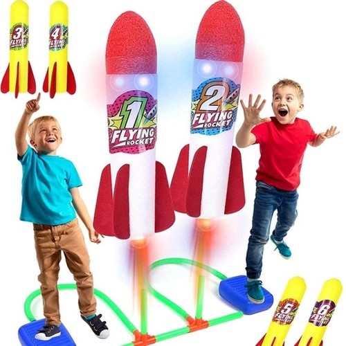 FLYING ROCKET/777-730C - Two rockets pad let 2 kids launch rockets at the same time. Run, jump and stomp, watch who goes higher! A great toy that can improve the physical movement and coordination of children standing on the foot pump. This toy includes 2 air rocket pads, 2 LED flashing rockets, 4 foam air rockets, and it's made of soft foam material, it is easy to fly when landing without hurting people.