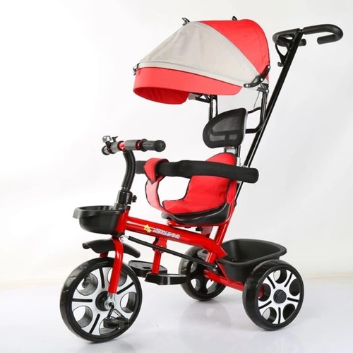 KIDS TRICYCLE/JH-2015 - The image shows a children's tricycle with a parent push handle and a canopy. These types of tricycles are often designed to grow with a child, functioning as a stroller for toddlers and later as a stand-alone tricycle. Age Range: Typically suitable for children aged 1 to 6 years old, with some models being specifically for toddlers. Features: Many models include a detachable canopy, adjustable seat and handlebar, footrests, and a removable parent push handle for steering. Materials: Common materials include steel, aluminum alloy, and plastic. Design: The design often allows for multiple configurations, such as a stroller, a push trike, and a classic tricycle.