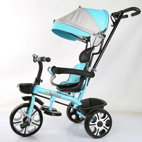 KIDS TRICYCLE/JH-2015 - The image shows a children's tricycle with a parent push handle and a canopy. These types of tricycles are often designed to grow with a child, functioning as a stroller for toddlers and later as a stand-alone tricycle. Age Range: Typically suitable for children aged 1 to 6 years old, with some models being specifically for toddlers. Features: Many models include a detachable canopy, adjustable seat and handlebar, footrests, and a removable parent push handle for steering. Materials: Common materials include steel, aluminum alloy, and plastic. Design: The design often allows for multiple configurations, such as a stroller, a push trike, and a classic tricycle.