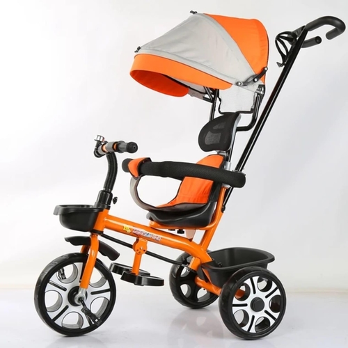 KIDS TRICYCLE/JH-2015 - The image shows a children's tricycle with a parent push handle and a canopy. These types of tricycles are often designed to grow with a child, functioning as a stroller for toddlers and later as a stand-alone tricycle. Age Range: Typically suitable for children aged 1 to 6 years old, with some models being specifically for toddlers. Features: Many models include a detachable canopy, adjustable seat and handlebar, footrests, and a removable parent push handle for steering. Materials: Common materials include steel, aluminum alloy, and plastic. Design: The design often allows for multiple configurations, such as a stroller, a push trike, and a classic tricycle.
