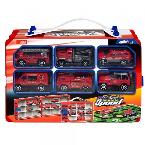 TRUCK SET-VS2211 - This set includes 6 firefighting-themed cars. The car bodies are made of plastic and feature movable parts. The included paper play mat allows children to create a variety of play scenarios with the cars. A plastic carrying case with 18 compartments makes storing and transporting the cars much easier.&nbsp;
The set also includes fasteners that allow you to hang the suitcase on the wall as a shelf.&nbsp;
For 3+ ages