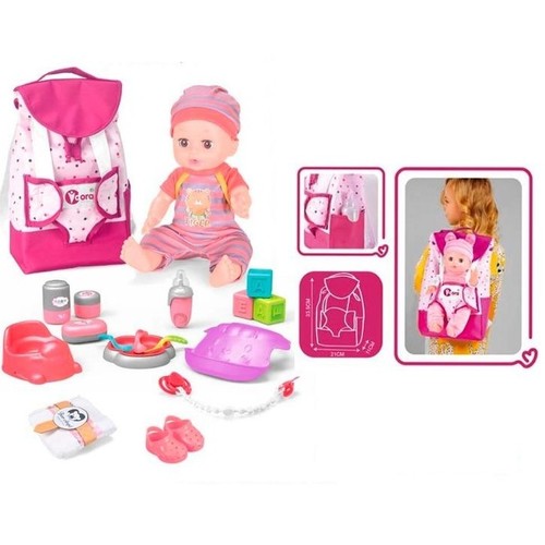 دمية بناتية - هذه المجموعة الفاخرة مع الإكسسوارات ستكون هدية رائعة لفتاتك. - المجموعة تشمل الحمام، الحفاضة، الصحن، الملعقة، الزجاجة، المصاصة القابلة للتركيب، قطع اللعب وحقيبة الظهر. - تساعد هذه المجموعة على تطوير خيال الأطفال. - الفئة العمرية المناسبة: 3 سنوات فما فوق.