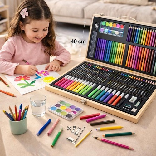 WOODEN COLOR BOX-S565/66/68/U163/U231/S156/U159 - Art set kit includes:- 40 crayons, 40 oil pastels, 36 fine head watercolor markers , 20 color pencils, 20 colour water pen, 12 watercolor paints, 5 paper clips, 1 pencil sharpener, 1 paints pen,1 eraser, 1 pencil, 1 glue, 1 plastic palette and 1 ruler.180 Piece Set – This premium art set includes a wide variety of art supplies for drawing, painting and more.– it's a great choice for kids and adults to experiment with an assortment of artistic media at a value priceSafe And No Toxic – Adopted nontoxic, water based and dry safe ink and pen, great for you and your children. This crayons for coloring is not recommended for children under 3 years oldBest Gift – This coloring art supplies comes in a wooden box with cute illustrations, when open inside, you will find various coloring watercolour pens, crayons, pencils. If you give this to a child teen girl boy 4 5 6 7 8 9 10 11 12 who likes to draw, you will feel like you have received a treasure chest. Hide this art kit in a drawer for holiday, birthday, Christmas gift, also a nice and great kids school painting & drawing supplies.