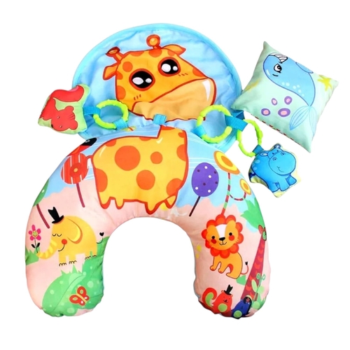 VS2412 BABY GAME PILLOW - Baby Game pillow designed to support infants during playtime.&nbsp;Purpose: Helps babies develop neck and head control while in the prone position.&nbsp;Features: Includes attached teething rings and rustling textures for sensory stimulation.&nbsp;Suitability: Typically designed for babies aged 0-12 months.&nbsp;Safety Warning: Ensure the pillow is used on a flat, safe surface and supervise playtime to prevent any choking hazards from small attachments.