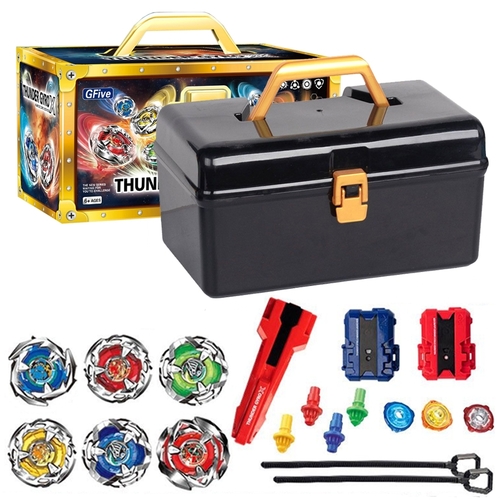 thunder Cyro-VS2139 - This item is a GFive Thunder Caro Gyroscope Series battle top toy set housed in a portable metal suitcase.&nbsp;Includes: Multiple spinning tops and launchers for competitive battling.&nbsp;Comes with a durable suitcase featuring a handle for storage and easy transport.&nbsp;Designed for children aged 6 and up.&nbsp;&nbsp;Constructed with metal components for durable, long-lasting battle play.
