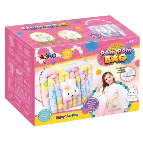 Pompom bag pink-VS2408 - Includes materials to create a colorful pom-pom bag, typically featuring a bunny or bear plush detail.&nbsp;Design: Features a pink, white, and blue color scheme with a beaded handle.&nbsp;SmSuitable for young creators, promoting crafting skills.