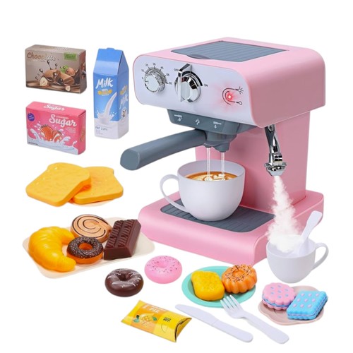 Coffee Maker-A8609 - Features realistic light, sound, and steam effects to simulate a real barista experience.&nbsp;The coffee maker functions by allowing water to be added and flowed out of the machine.&nbsp;Includes accessories such as cups, dishes, play food, and dessert items for a complete play set.&nbsp;Designed to enhance sensory food play and social interaction for young chefs. 3+ages.