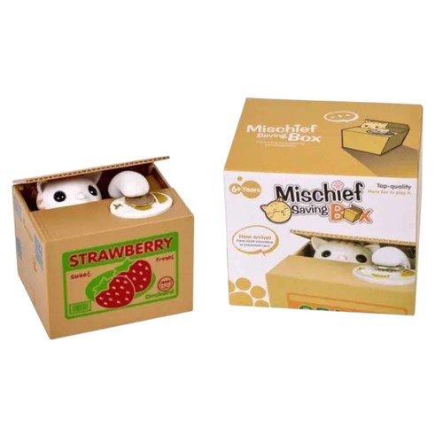 MM8805Mischief Saving Box - Mischief Saving Box is designed to look like a cat in a strawberry box.&nbsp;Functionality: A cat pops out of the cardboard-style box to 
