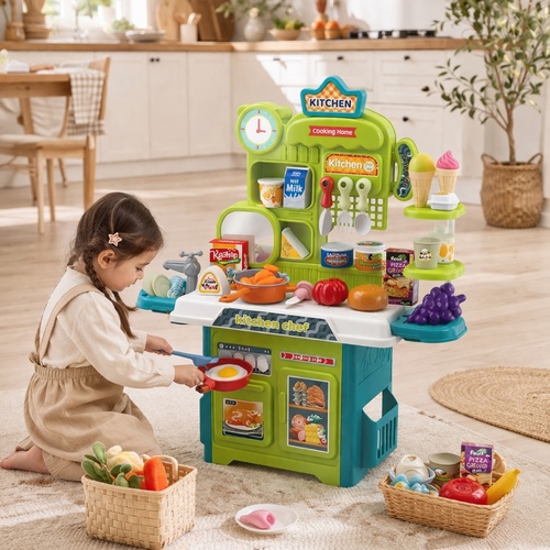 kitchen Chef - 922-208 - It is a 53-piece set designed for children to simulate cooking.&nbsp;&nbsp;Includes various kitchen utensils, cookware, and play food items.&nbsp;&nbsp;The playset is approximately 50cm in height, 38cm in length, and 20cm in width.&nbsp;Suitable for children aged 3 years and older.