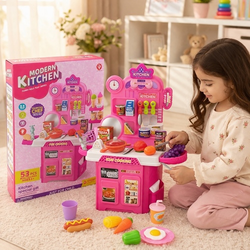 Kitchen Chef-922-207 - This item is a Modern Kitchen Funny Role Play Series play kitchen set, a colorful toy designed for imaginative play.&nbsp;Includes 53 pieces of accessories such as play food, utensils, and dishes.Features a stove, oven, refrigerator, and sink for a comprehensive cooking experience.Designed for children aged 3 and older.