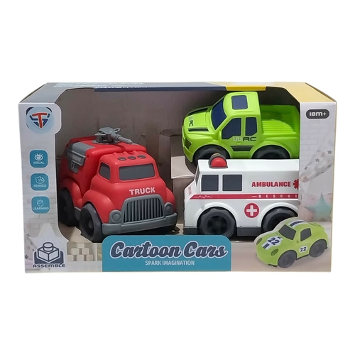 VS2559Cartoon Cars - Cartoon Cars toy vehicle set featuring a fire engine, ambulance, pickup truck, and a small car.&nbsp;Designed for toddlers: Suitable for children aged 18 months and older, with similar sets noted for ages 1-5.&nbsp;Play features: Includes push-and-go friction power and movable parts, designed to spark imagination.