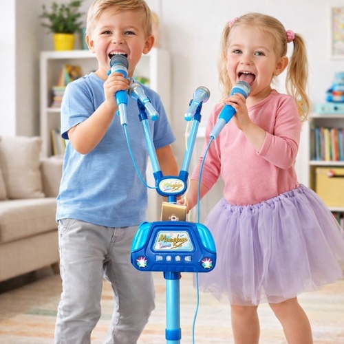 Microphone - 5050 - The product in the image is the Star Party Microphone Series, a dual wireless karaoke set designed for children. Includes two microphones, a stand, built-in amplifying sound, music, and lighting effects.&nbsp;Features Bluetooth technology for connecting to smartphones or MP3 players.&nbsp;Adjustable height stand suitable for children ages 3 and up.