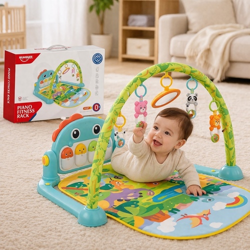 Piano Fitness - HE0643 - The item shown is a Huanger Dinosaur Piano Fitness Rack, a baby play gym designed for newborns and infants.&nbsp;Features a colorful, cushioned play mat with a musical piano keyboard that plays songs when pressed.&nbsp;Includes an overhead arch with hanging rattles and a mirror for sensory development.&nbsp;Designed for ages 0 months and up (0M+) to encourage kicking, stretching, and motor skills.
