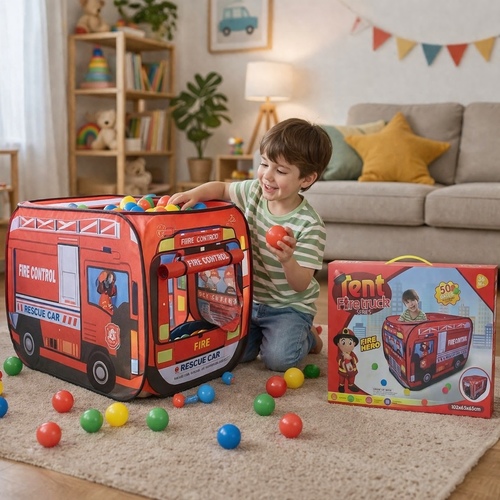 Tent Firetruck-668-59 - A red, foldable play tent shaped like a fire truck, suitable for both indoor and outdoor use.Includes 50 colorful plastic balls for use as a ball pit.&nbsp;Recommended for children aged 36 months and older (36M+).