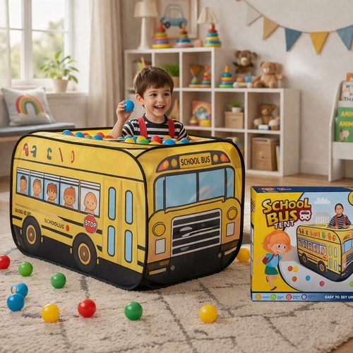 School bus tent-668-73 - This item is a Kiddie Play School Bus Pop Up Kids Play Tent.&nbsp;Pop-up playhouse tent for indoor and outdoor use.&nbsp;&nbsp;Includes 50 colorful plastic play balls and features a school bus design.&nbsp;Suitable for children ages 3 and up.