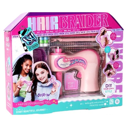 Hair Braider-KSY892 - The DIY Automatic Hair Braider Styling Set lets kids easily create fun hairstyles with its battery-operated, one-button braiding tool. It comes with accessories like combs, clips, and rubber bands to encourage creativity and hands-on styling play. for 6+ ages