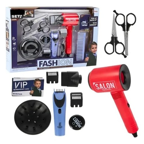 QY043Hair Styling - This item is a children's barber shop pretend play toy set, often marketed as the Adar Barbera-Set or LEAN Toys Hairdressing Set.&nbsp;Components: Includes 13 pieces such as a hair dryer, clippers, scissors, combs, and a mirror for role-playing scenarios.&nbsp;Features: The hair dryer is battery-operated and features realistic sound and light effects (batteries usually not included).&nbsp;Target Audience: Designed for imaginative play for children aged 3 years and older.