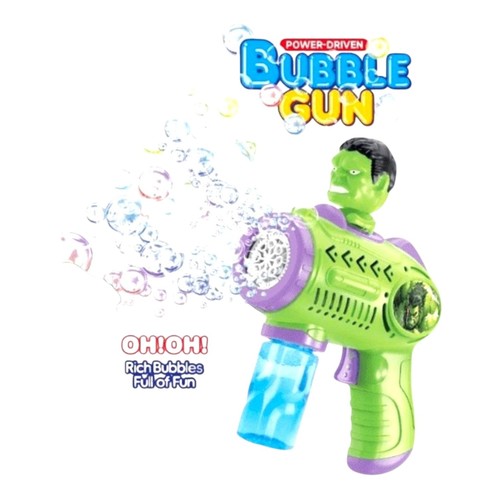 6337 Hulk Bubble Gun - Marvel Avengers themed power-driven bubble gun designed for children aged 3 and older.&nbsp;&nbsp;The toy is battery-operated for automatic bubble production.&nbsp;Specifications: It is made of child-safe plastic and includes a bubble solution bottle.&nbsp;Usage: Suitable for outdoor play, parties, and summer activities.