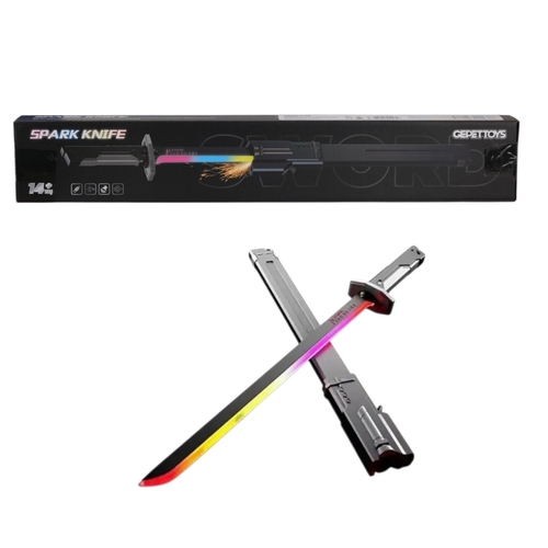 1813 Spark Knife - Spark Knife, a toy sword designed for cosplay and play.&nbsp;Features: It includes realistic sparking effects when drawn from the sheath, along with light-up LED blades and smoke effects.&nbsp;Design: It is modeled after a katana and often includes sensors that produce sound effects synced with movement.&nbsp;Purpose: Ideal for imaginative play and cosplay, with some models featuring auto-ejection mechanisms.&nbsp;Rechargeable: The toy is generally rechargeable via USB-C.&nbsp; Suitable for 14 years old and above