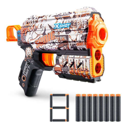 X-Shot Skins Flux Foam Dart Blaster-36648 - Featuring Sonic the Hedgehog themePerformance:&nbsp;Capable of firing darts up to&nbsp;27 meters (90 feet).Capacity:&nbsp;This is a single-shot blaster that includes an&nbsp;easy pull-to-prime&nbsp;mechanism. It features front storage for&nbsp;two additional darts&nbsp;for quick reloading during play.Technology:&nbsp;It utilizes&nbsp;Air Pocket Technology&nbsp;darts, designed for improved flight and accuracy.Design:&nbsp;Part of the X-Shot Skins series, this specific model features high-detail graphics of Sonic the Hedgehog. Several variations exist in this series, including 