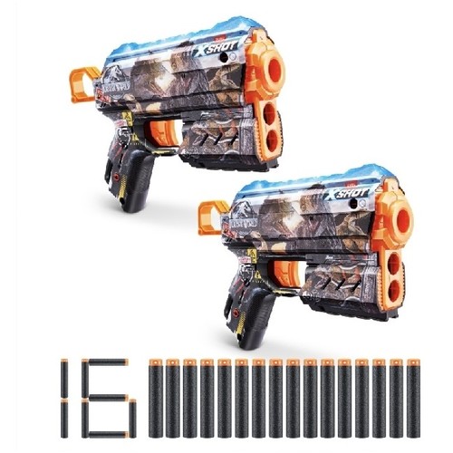 X-Shot Skins Jurassic Flux Combo 2 Pack -36834 - Official Jurassic World–themed XSHOT Skins Flux blaster with bold dino design. Includes 16 Air Pocket Technology foam darts for speed and accuracy. Blasts targets up to 27 m / 90 ft for long-range action. Single-shot blaster with quick reload and built-in dart storage. Complete set with 2 blasters and darts for instant battle fun. Recommended ages 8+